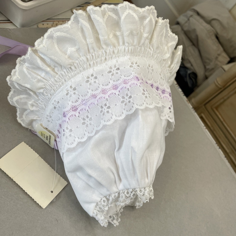 NWT White‎ Baby Bonnet Lavender Strap Eyelets 13 Coquette Grannycore